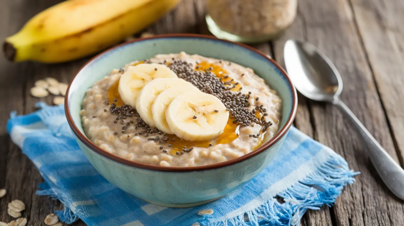Creamy oatmeal with banana slices, honey drizzle, and chia seeds on a wooden table