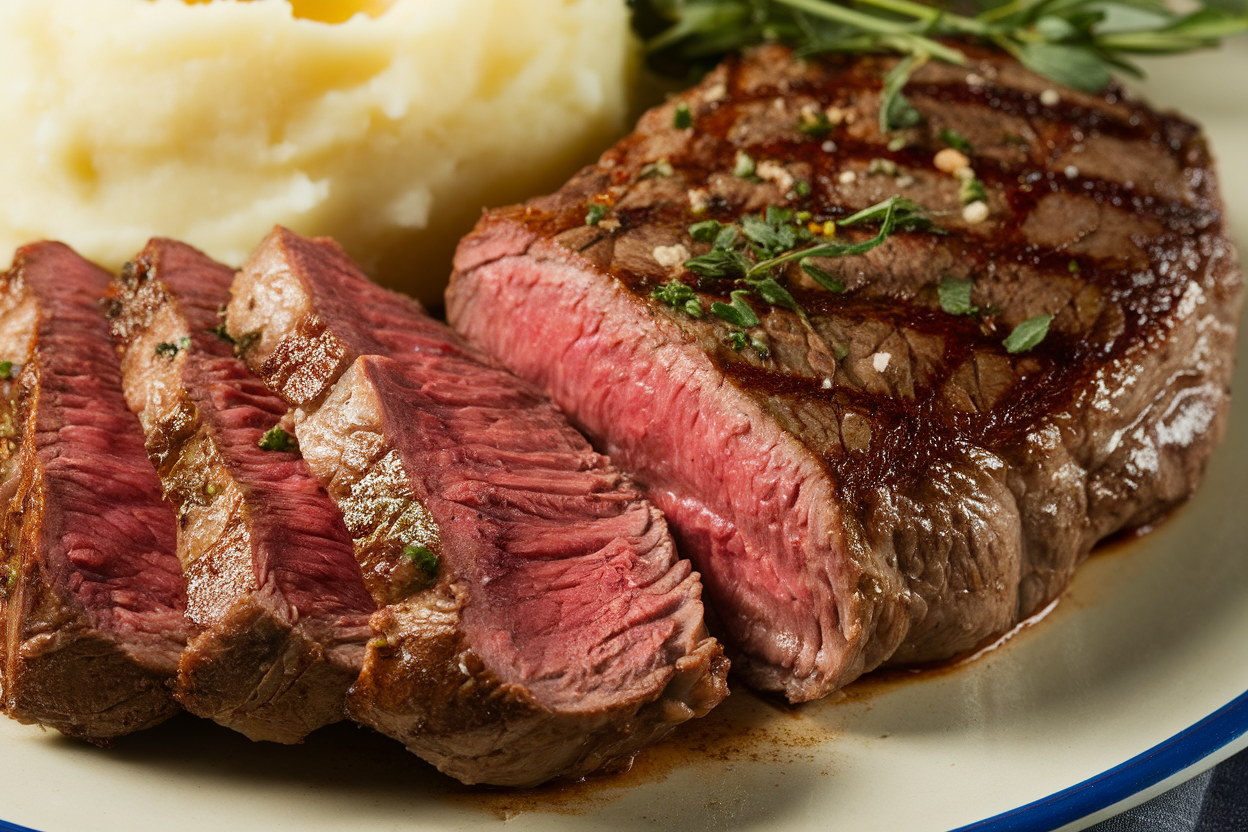 Sliced baseball steak served with mashed potatoes and herbs.