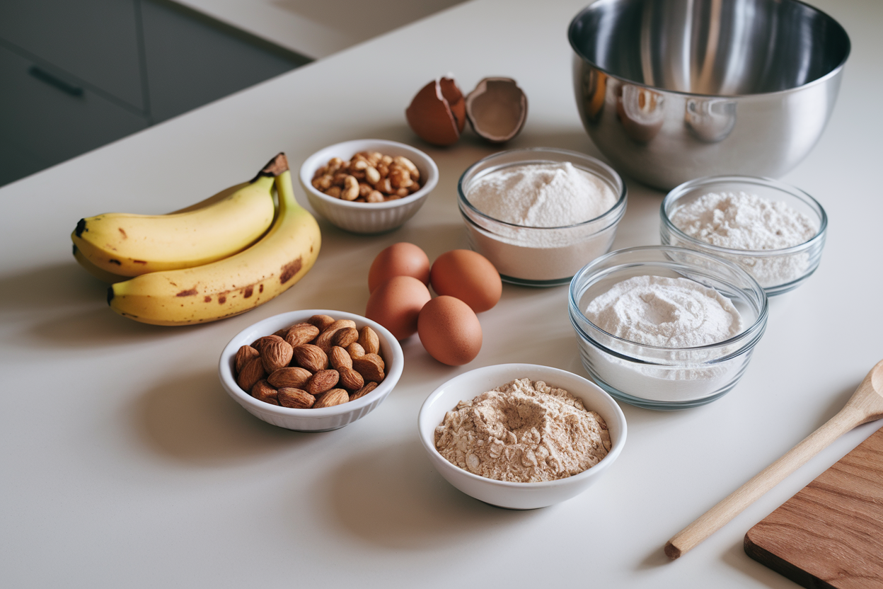 Ingredients for gluten-free banana nut muffins laid out on a countertop.