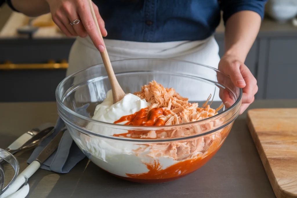 Mixing buffalo chicken dip ingredients in a glass bowl