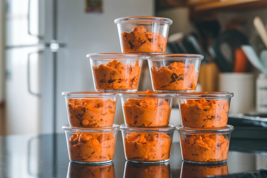 Portioning buffalo chicken dip into small meal prep containers